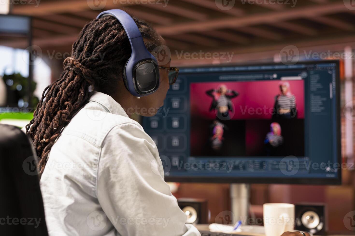 Woman in home office using AI program turning text prompt into photos. Person in apartment using text to image artificial intelligence generator transforming words into pictures, close up photo