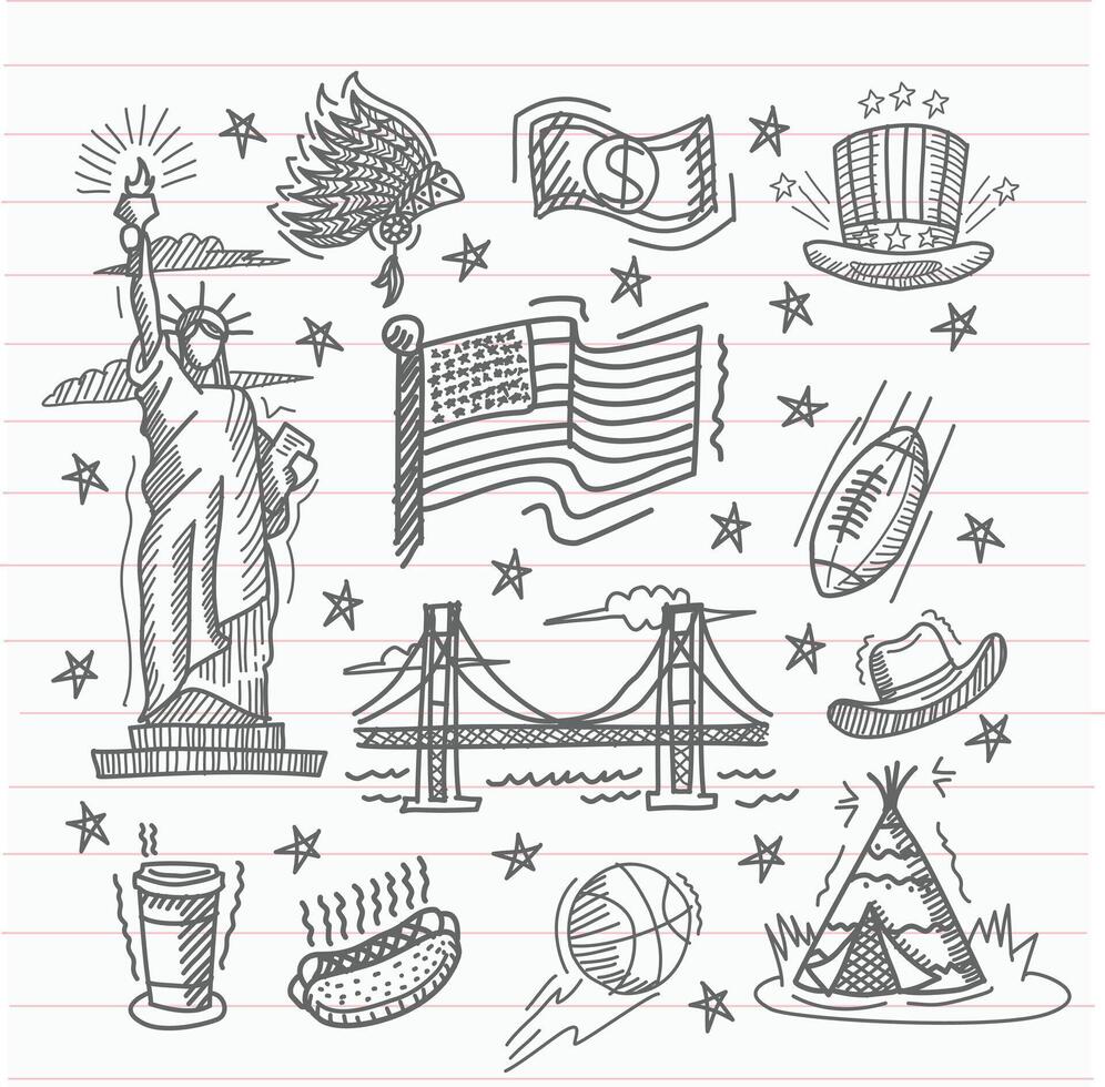 Sketch-style doodle icons of American symbols including Liberty Statue, flag, eagle, bridge, and more. Great for patriotic themes. vector