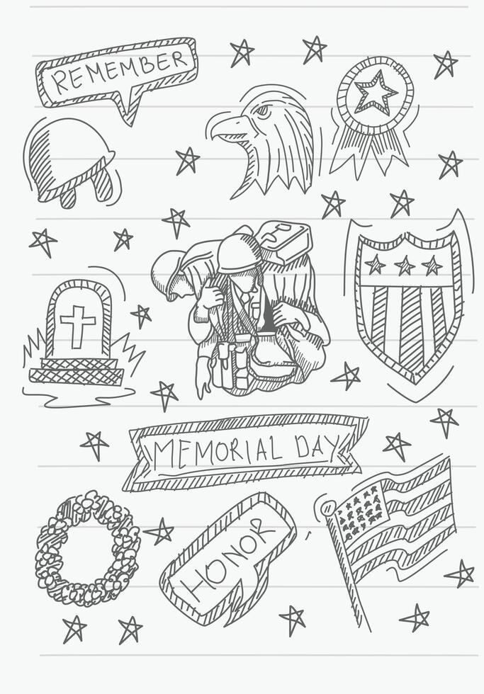 Memorial Day sketch icons showing soldier, flag, eagle, and honor symbols. Tribute-style hand-drawn design for patriotic use. vector