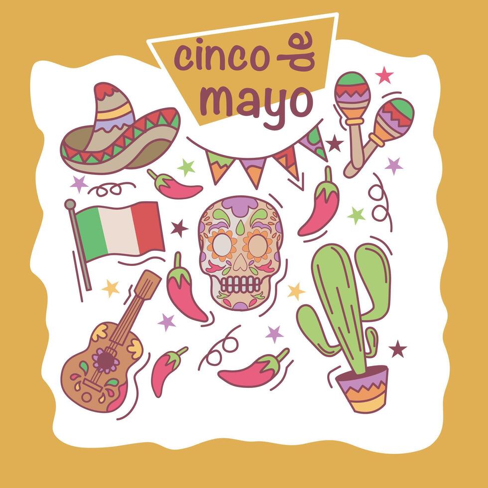 Colorful hand-drawn Cinco de Mayo doodles including skull, guitar, cactus, chili, sombrero, maracas, and Mexican flag. Great for celebration design and Mexican culture themes. vector