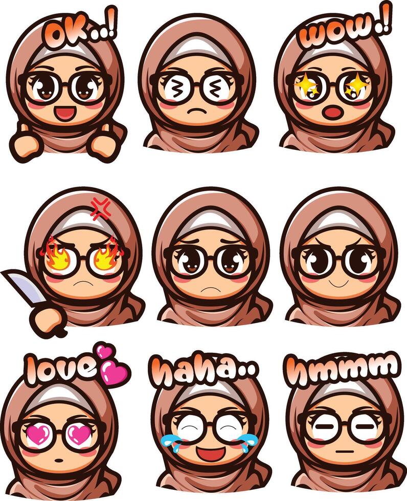 Cute cartoon emoji of hijab-wearing girl showing various expressions like happy, sad, angry, wow, and love. Great for stickers, chat, or Islamic themes. vector