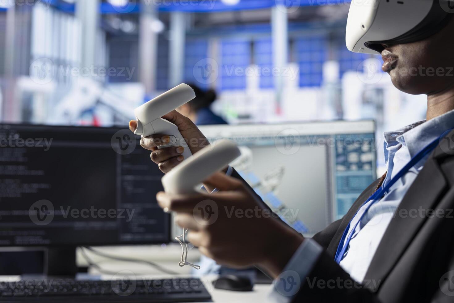 Woman in solar panel facility reviews photovoltaic system performance using VR goggles. African american employee analyzing production metrics using virtual reality tech to optimize efficiency photo