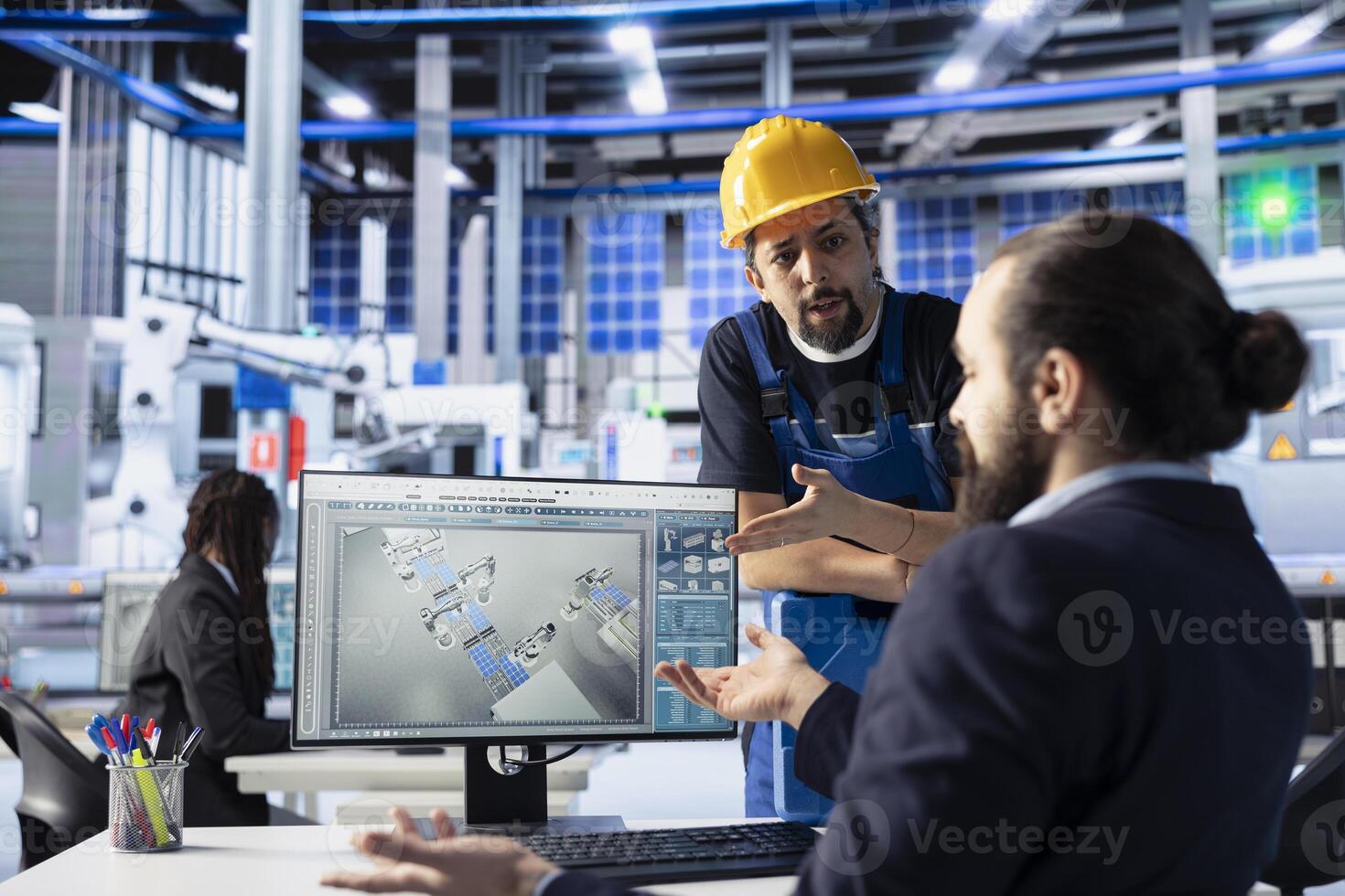 Photovoltaics factory team arguing during brainstorming, trying to improve solar panels assembly processes. Coworkers having dispute on how to calibrate equipment for precise solar cells manufacturing photo