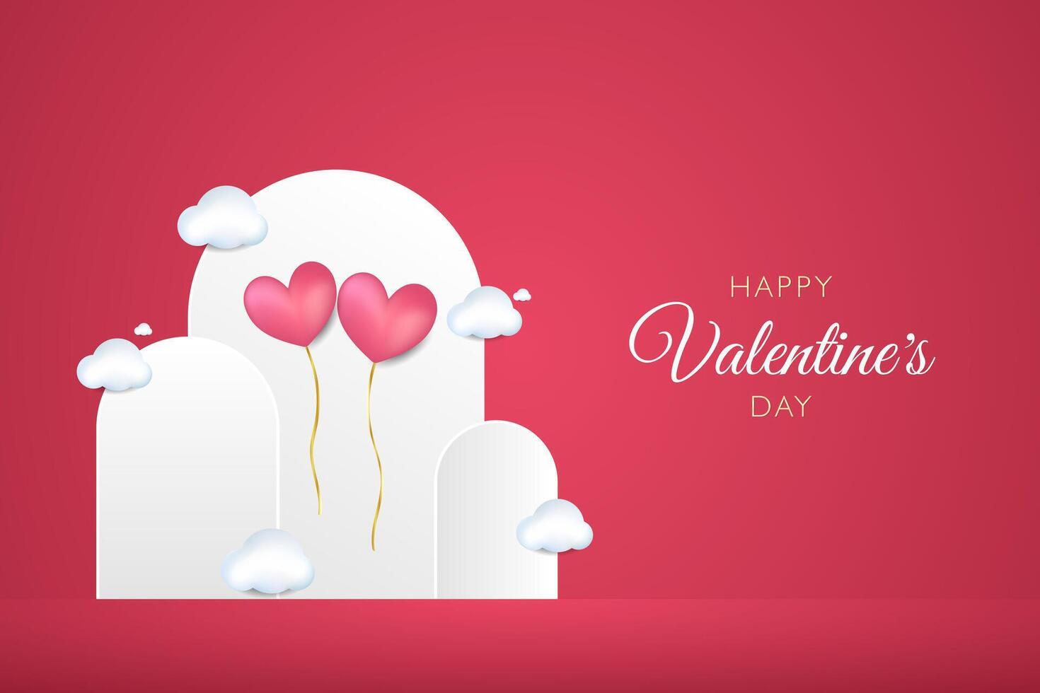 Valentine's day background with flat podium and flying heart baloon vector