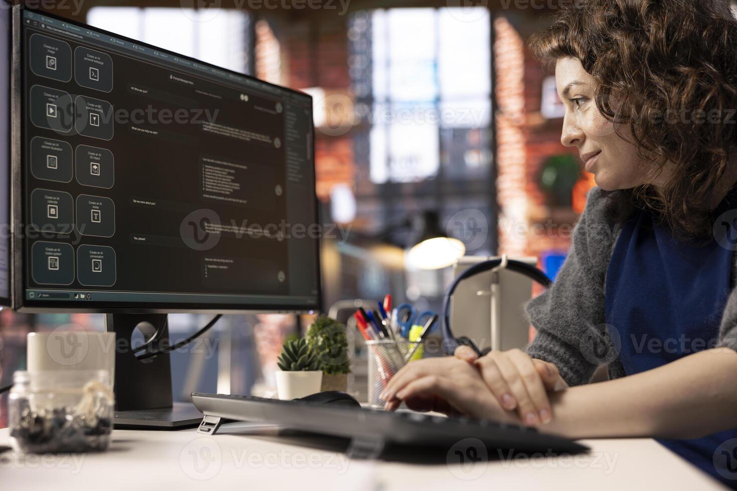 Worker uses AI chatbot system on a computer to guide her through problem solving tasks, futuristic technology highlights smart algorithms and machine learning. Communication and IT support. photo