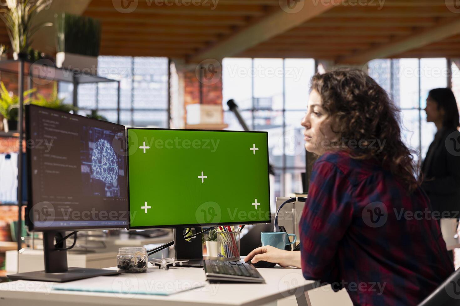 Admin using isolated screen PC working with machine learning technology in tech startup. Mockup computer display used by Silicon Valley IT specialist developing AI systems photo