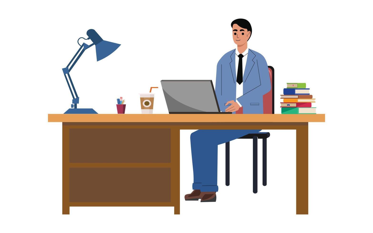 Business cartoon character man or Freelancer Working on Laptop Sitting at Table Workplace Thinking of Task. Freelance vector