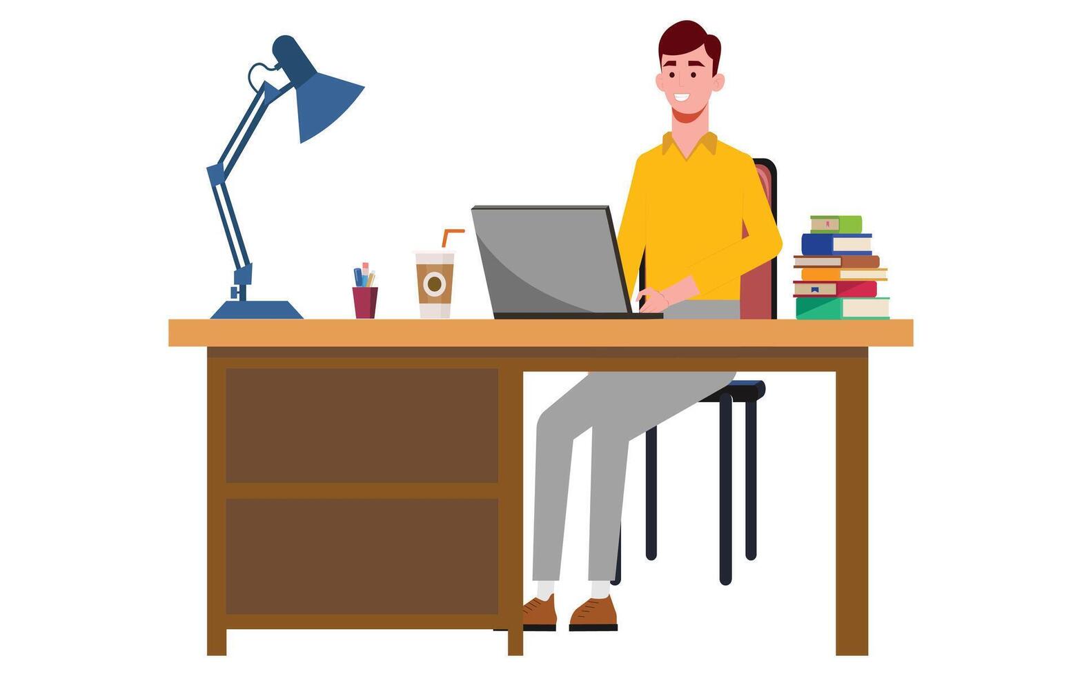 Office Worker Busy Business cartoon character man or Freelancer Working on Laptop Sitting at Table Workplace Thinking of Task. Freelance vector