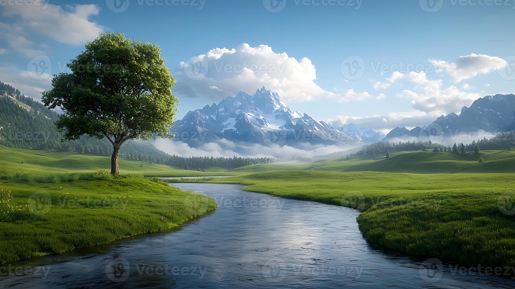 A landscape with a river and a tree photo