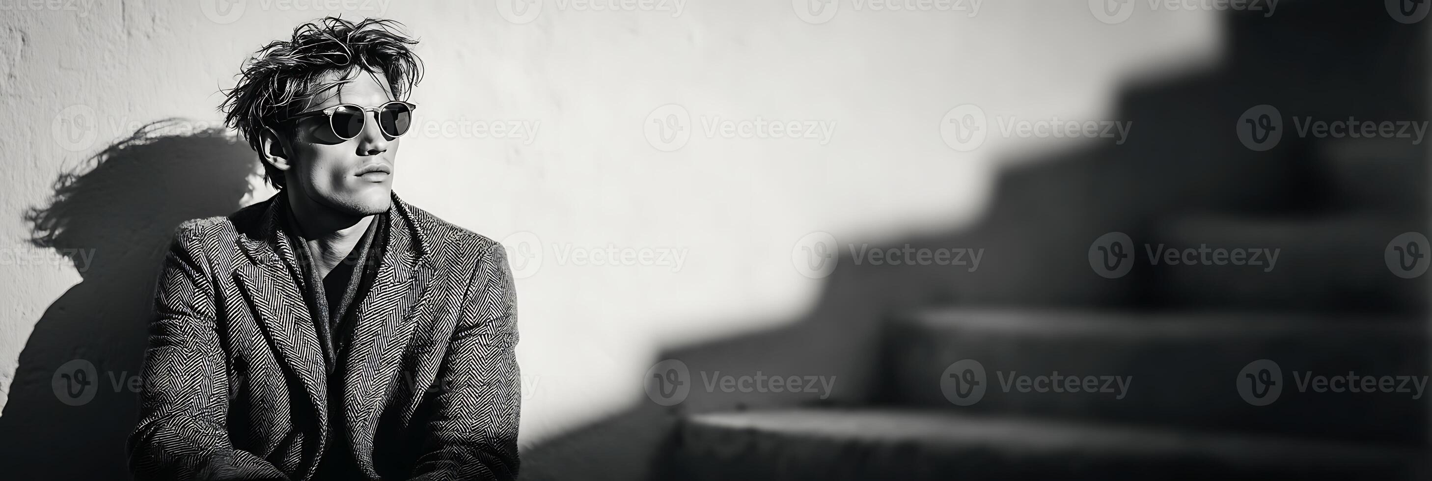 Monochrome portrait of a man in a patterned suit against a wall photo