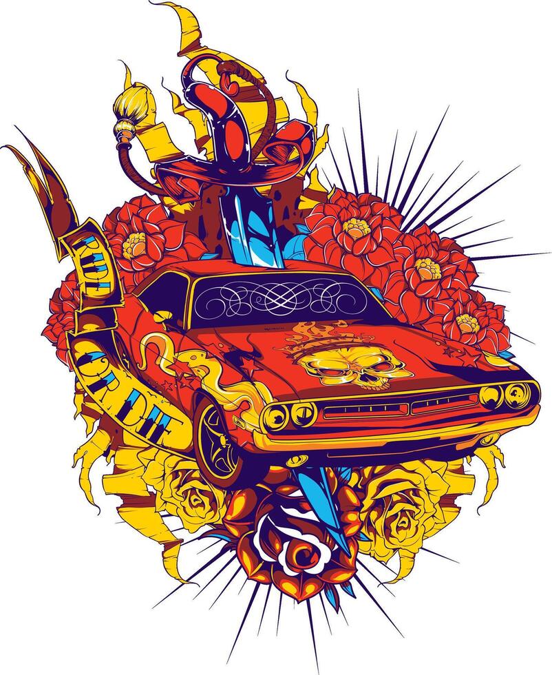 Vintage Car Skull Graphic Tee Design Retro Illustration vector