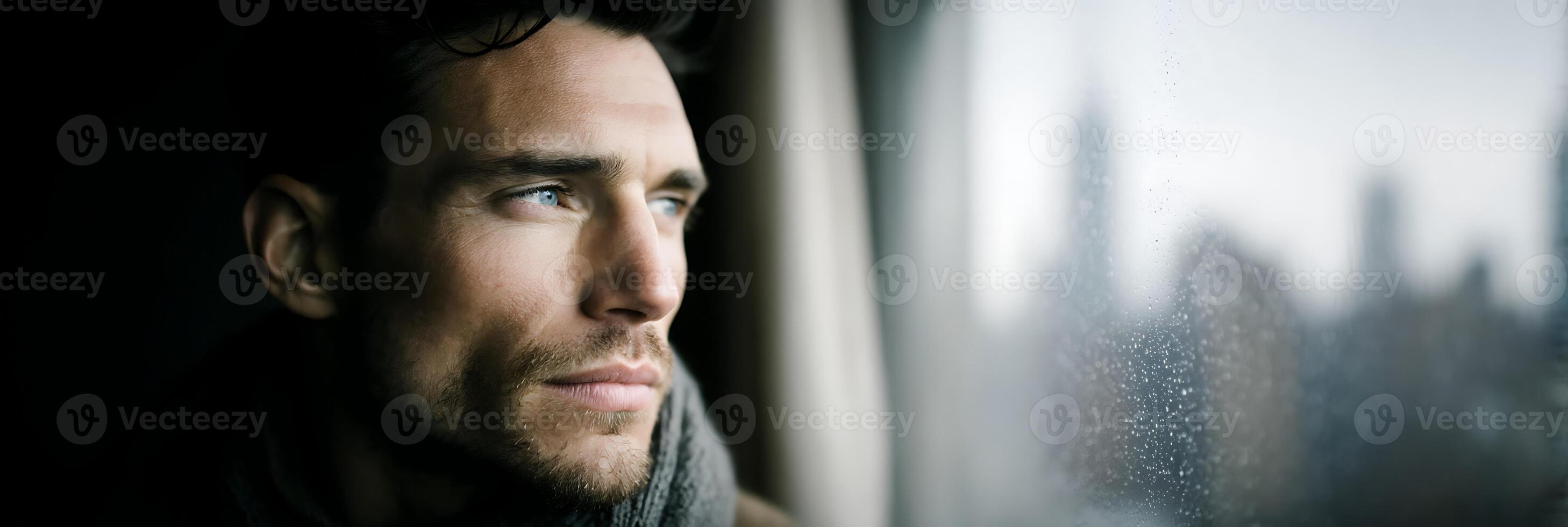Man Looking out Window on Rainy Day lost in thoughts photo