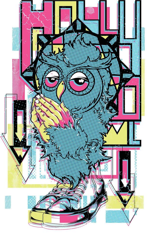Colorful Owl T-Shirt Graphic Art, Tribal Bird Illustration, Vintage Style Print Design vector