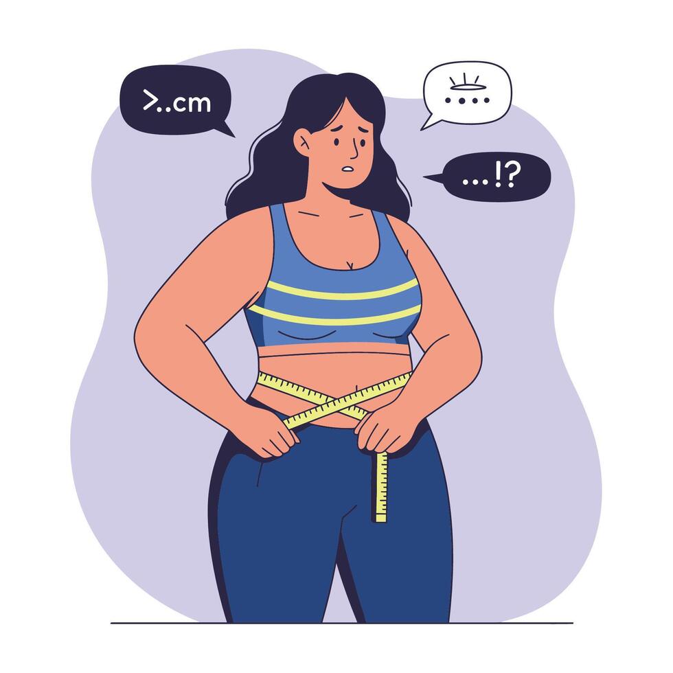 Chubby Woman Measuring Her Waist with a Measuring Tape for Healthcare vector