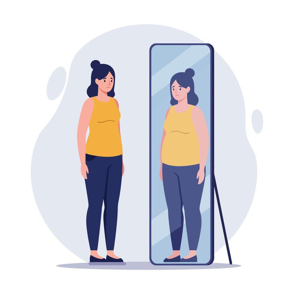 Woman with body image issues looking in mirror, low self-esteem vector