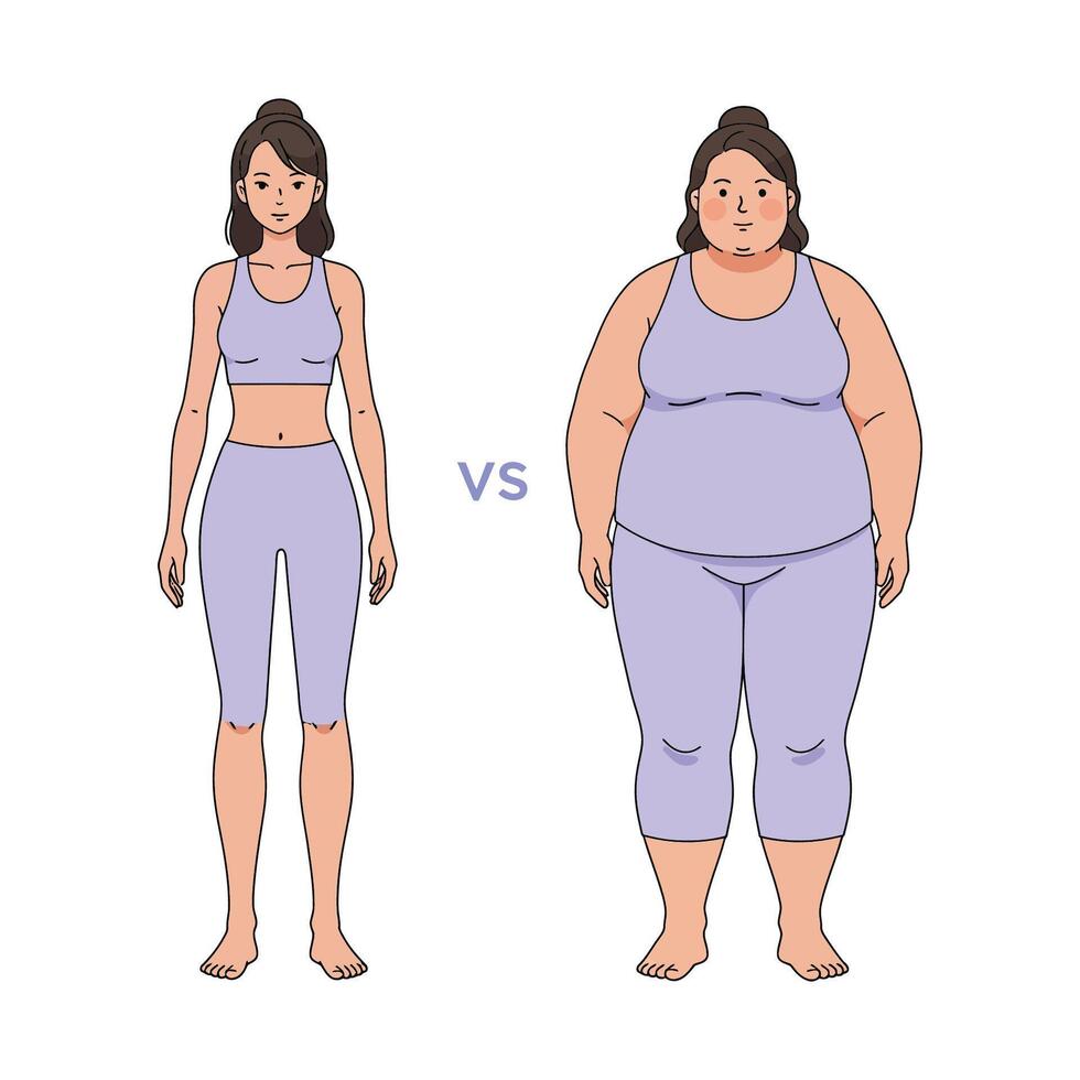 Fulllength standing portrait of female body losing weight Comparison of weight changes vector