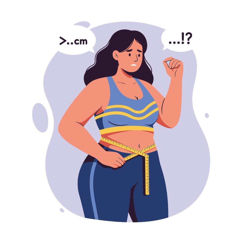 Chubby Woman Measuring Her Waist with a Measuring Tape for Healthcare Concept Illustration vector