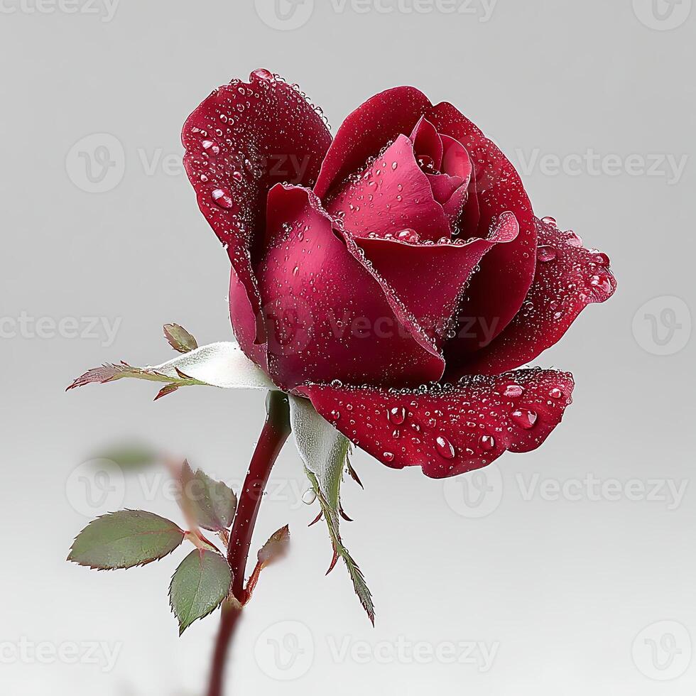 A Close Up View Of A Red Rose With Water Droplets photo