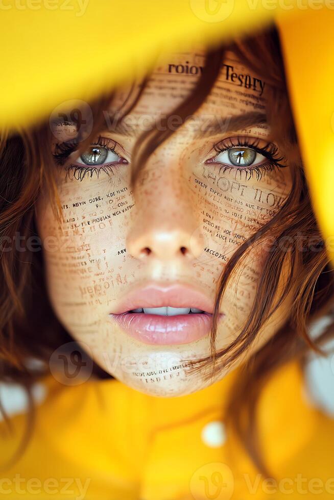 Close Up Portrait of a Woman with Freckles and Text on Her Face photo
