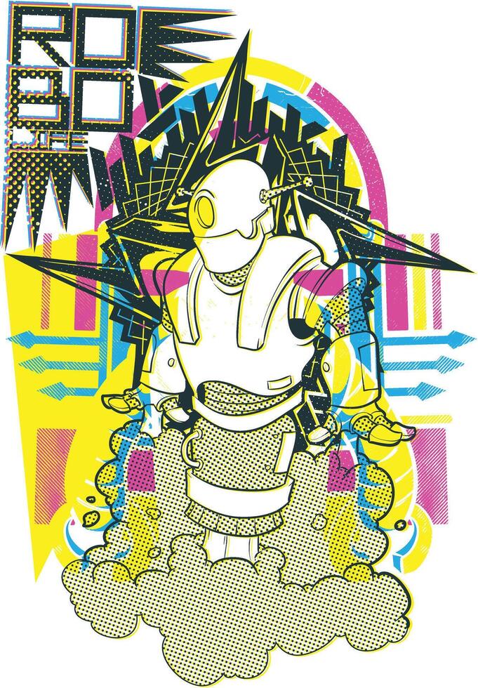 A bold robo life tshirt design featuring a sleek futuristic robot in cyberpunk style. Perfect for tech enthusiasts, gamers, and sci-fi lovers. vector