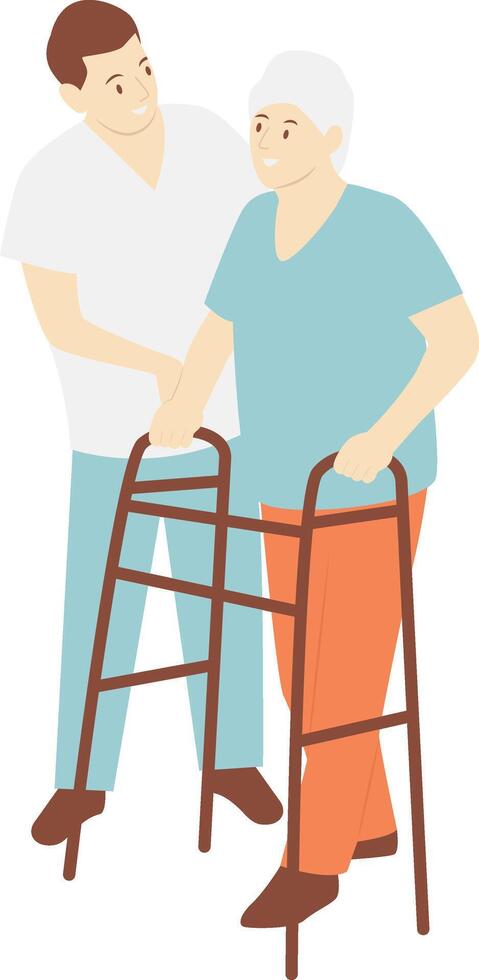 Volunteers Man Helping Elderly Walking. vector