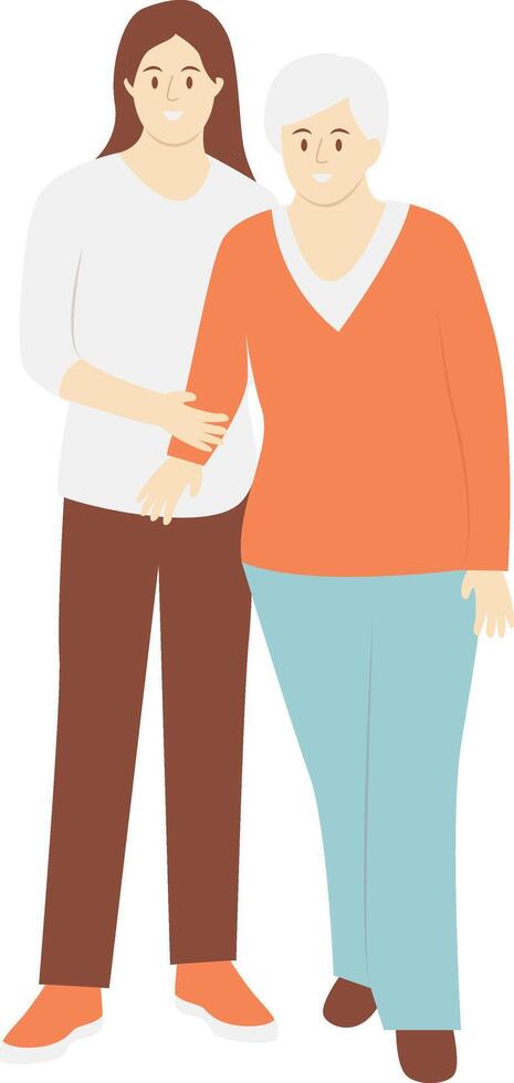 Volunteers Woman Helping Elderly Walking on White Background vector