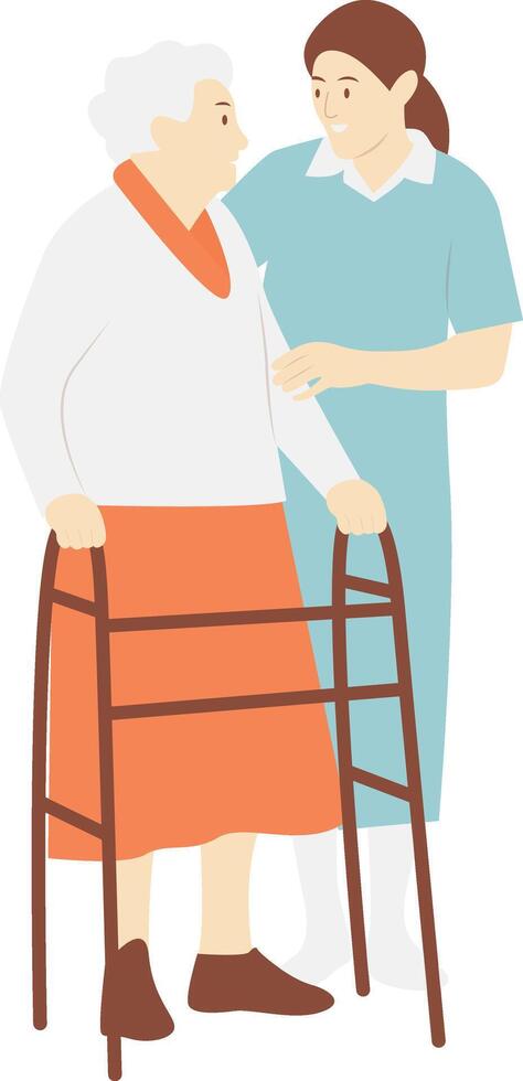 Volunteers Woman Helping Elderly Walking. vector