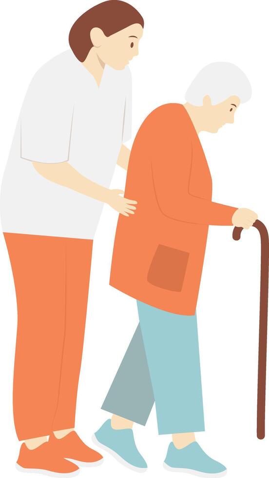 Volunteers Woman Helping Elderly Walking on White Background. vector