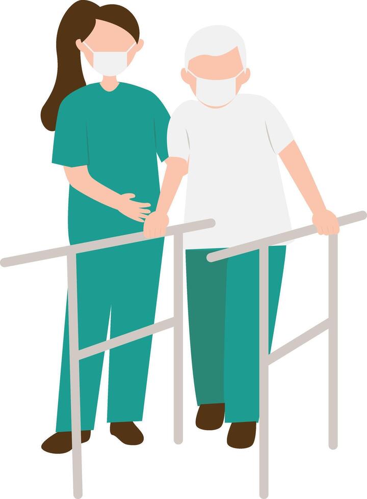 Volunteers Woman Helping Elderly Walking in Flat Design vector