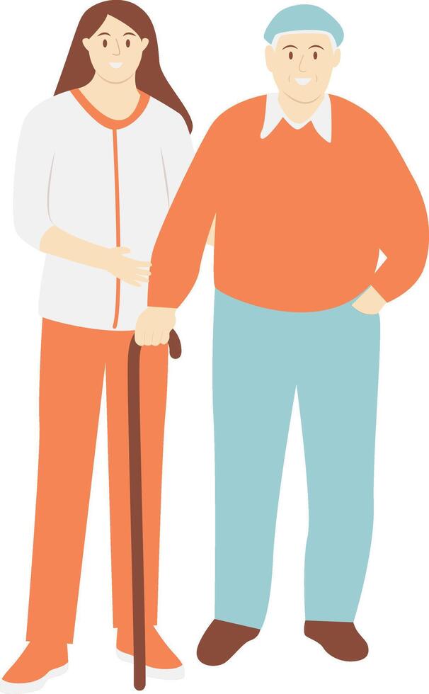 Volunteers Woman Helping Elderly Walking with Flat Design vector