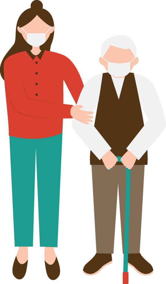 Volunteers Woman Helping Elderly Walking in Flat Design. vector