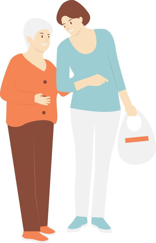Volunteers Woman Helping Elderly Walking in Cartoon Design vector