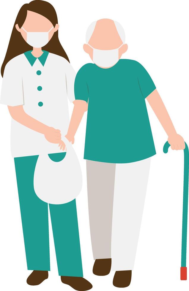 Volunteers Woman Helping Elderly Walking with Cartoon Design. vector