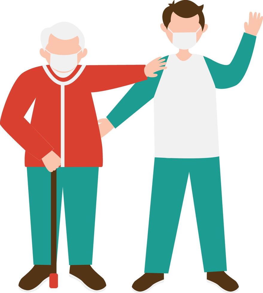 Volunteers Man Helping Elderly Walking in Cartoon Design vector