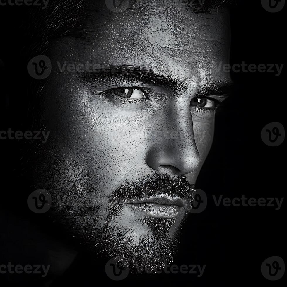 A black and white photo of a handsome man with a beard