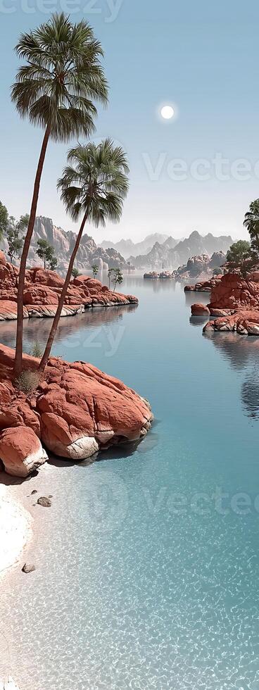 Tropical Oasis a River Between Red Rock With Palm Trees photo