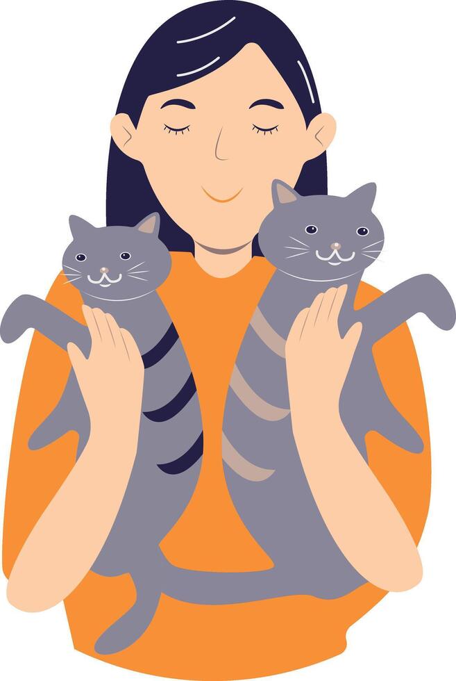 Illustration of Cute Girl and Cat, Isolated on White Background. vector