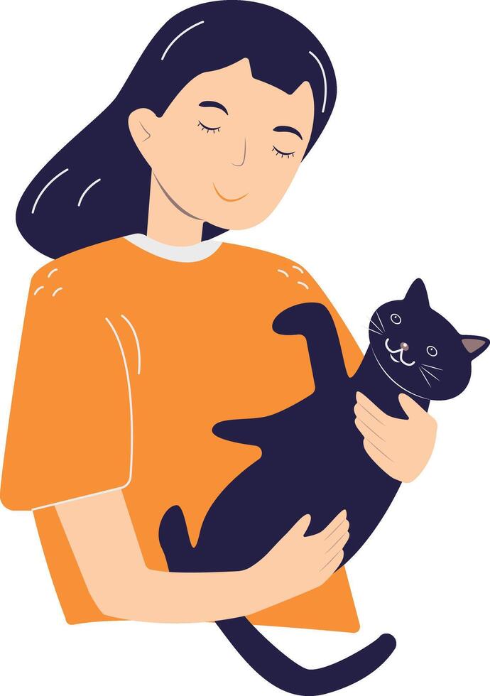 Illustration of Cute Girl and Cat. Isolated on White Background. vector