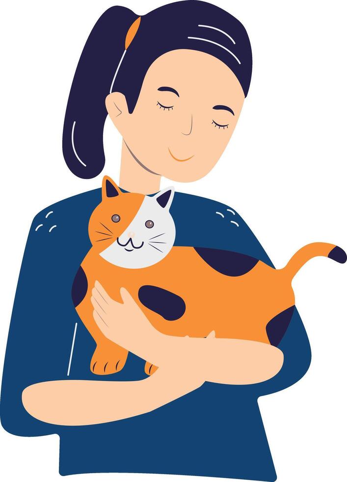 Illustration of Cute Girl and Cat, Isolated on White Background vector