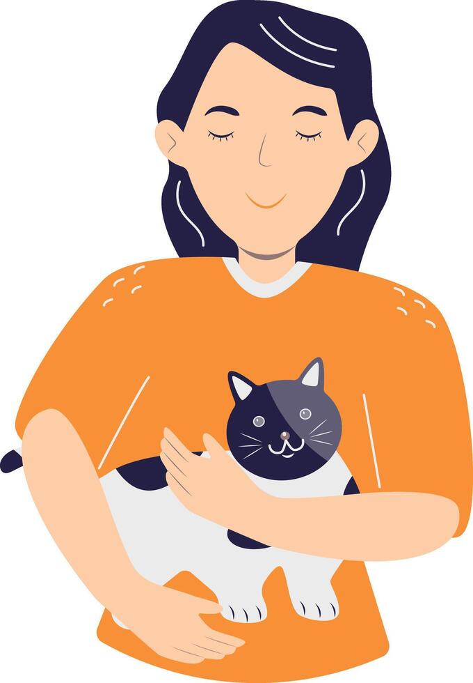 Illustration of Cute Girl and Cat, Isolated on White Background, vector