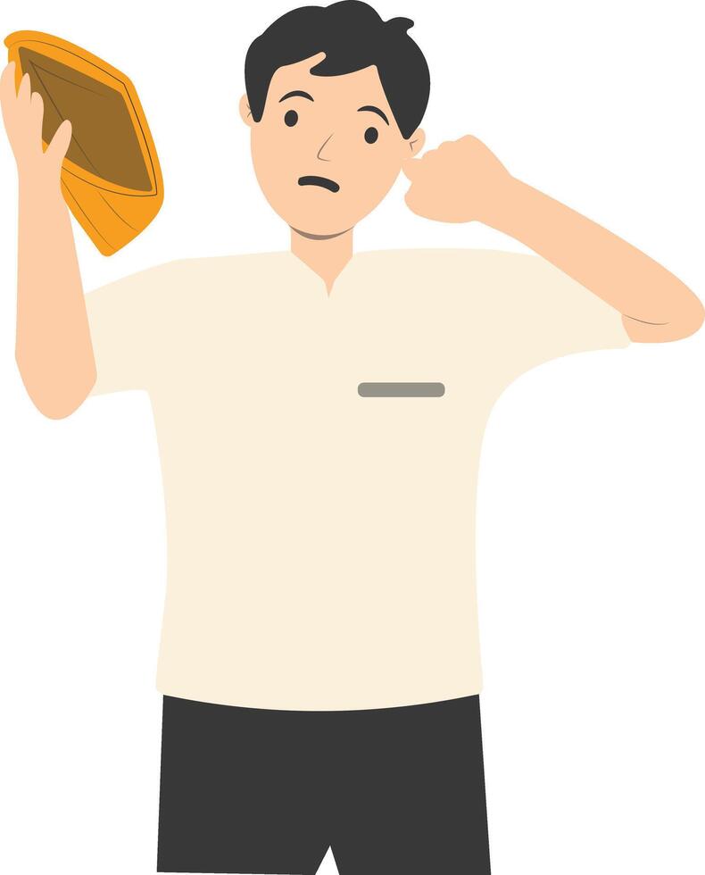 Puzzled Man Carrying Empty Wallet on White Background vector