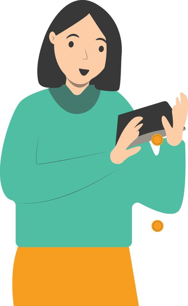 Puzzled Woman Carrying Empty Wallet on White Background. vector
