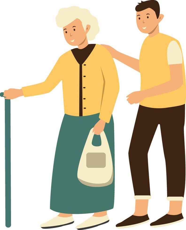 Volunteer Man Taking Care about Old People in Flat Design. vector