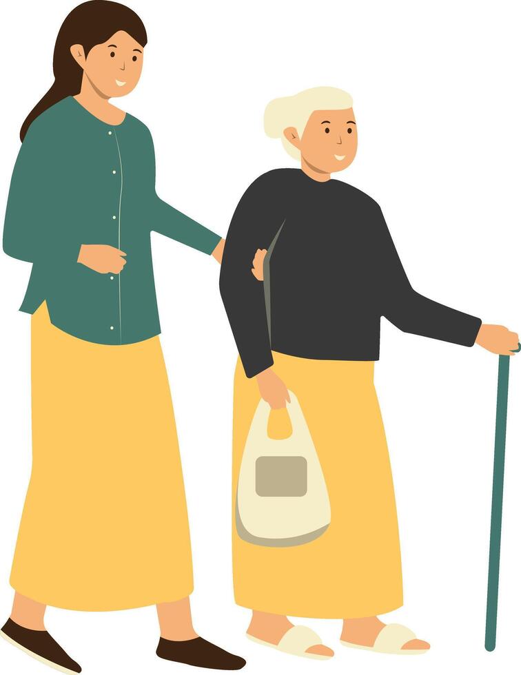 Volunteer Woman Taking Care about Old People on White Background. vector