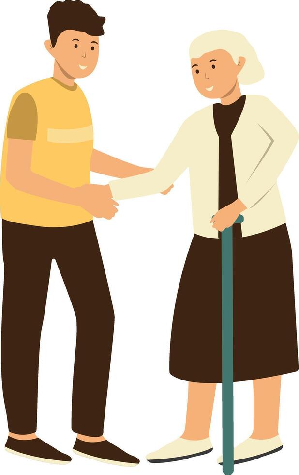 Volunteer Man Taking Care about Old People on White Background. vector