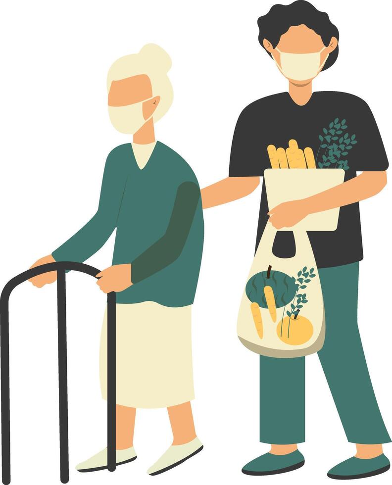 Volunteer Male Taking Care about Old People. vector