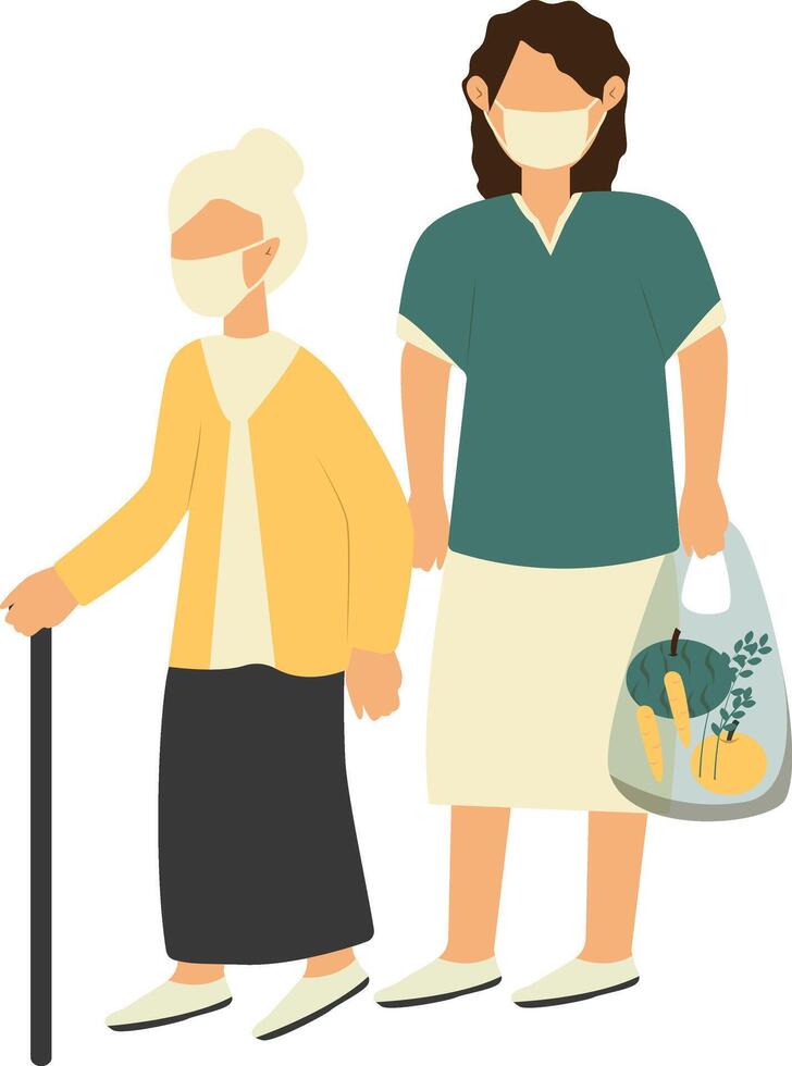 Volunteer Woman Taking Care about Old People with Flat Design vector