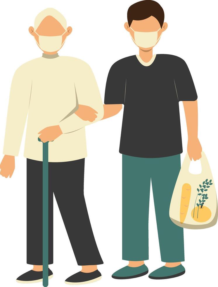 Volunteer Man Taking Care about Old People. Isolated on White Background. vector
