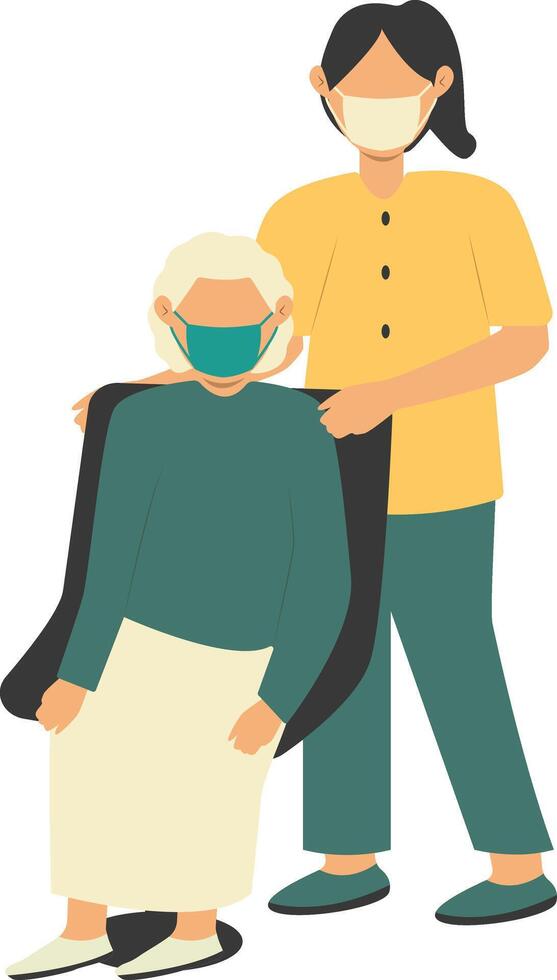 Volunteer Woman Taking Care about Old People in Cartoon Design vector