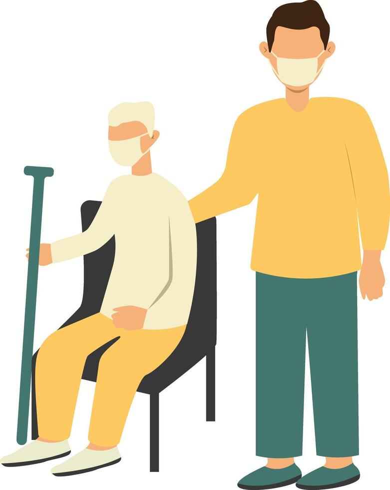 Volunteer Man Taking Care about Old People in Cartoon Design vector